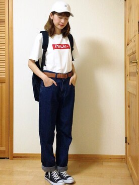 nanaho. is wearing MILKFED. "S/S BASIC TEE BAR　（Tシャツ/ロゴ）"