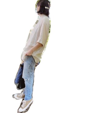 Saku使用「ユニクロ（プレミアムリネンワイドフィットシャツ（半袖））」的時尚穿搭