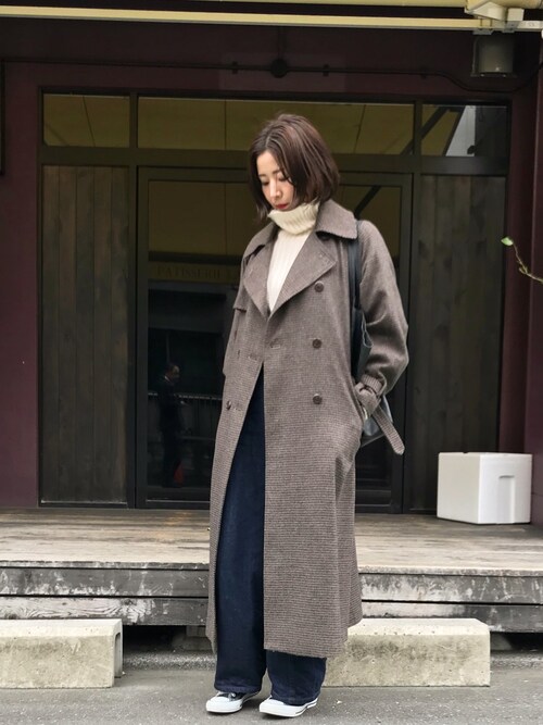 LANDWARDSYOKONOさんのトレンチコート「ウールミックス ガンクラブチェック/ブリティッシュチェック ロングトレンチコート(Audrey and John Wad|オードリーアンドジョンワッド)」を使ったコーディネート