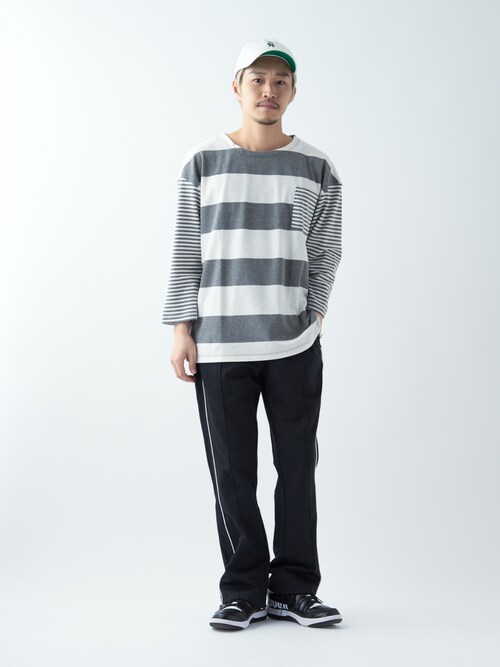 Matsuda Koichi is wearing CIAOPANIC "パネルリブ切替ボーダーTシャツ"