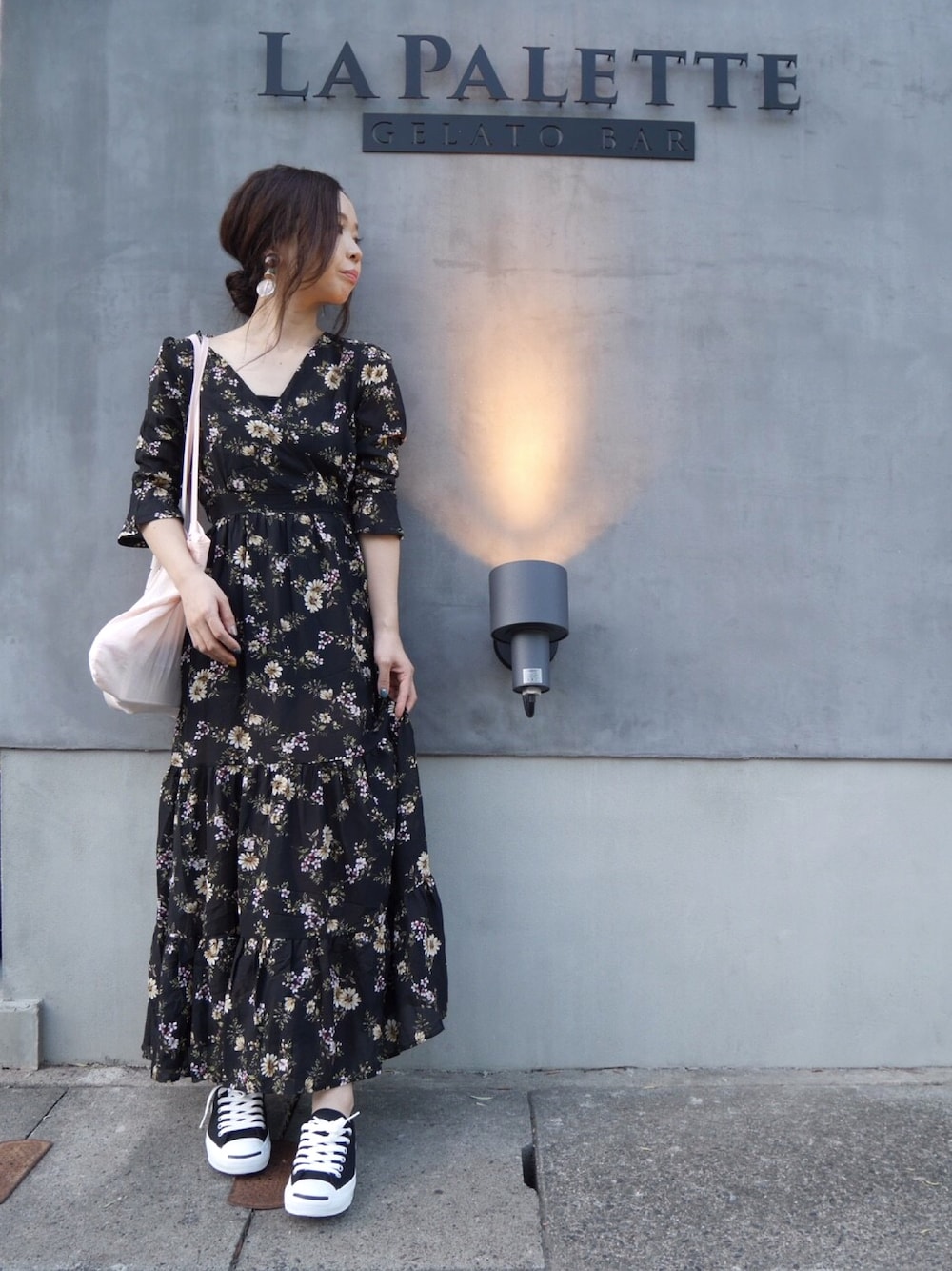 花柄×ロングワンピース