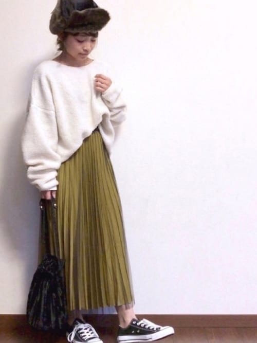 チュールスカートでゆるあまコーデ