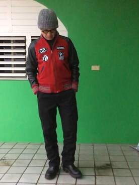 ORTH is wearing SKOOKUM "SKOOKUM 'Stadium Jacket RED×BLK'"