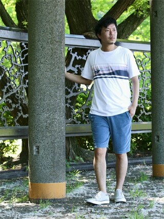 YOSHI使用「The DUFFER of ST.GEORGE（"ninja" SURF PHOTO BORDER TEE：フォトプリントTシャツ）」的時尚穿搭