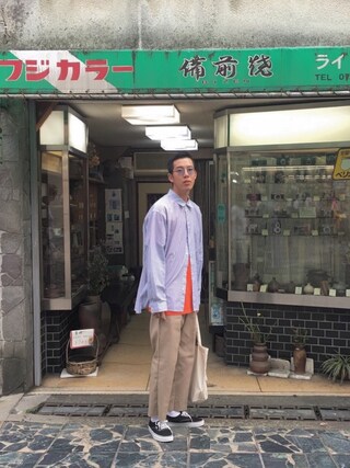 Ryutaro. is wearing FLAGSTUFF "＜FLAGSTUFF × Lambda Takahashi × BY＞ PIZZA TEE/Tシャツ◆"