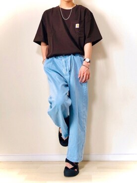 KOMEI   使用「Carhartt（carhartt(カーハート) ビッグシルエット ポケット半袖 ロゴ Tシャツ Workwear Pocket 1/2 Sleeve T-Shirts）」的時尚穿搭