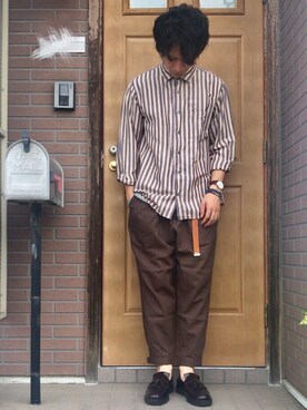 きみ太郎使用「GLOBAL WORK（【一部店舗限定価格】ストライプギンガムシャツ/537151）」的時尚穿搭