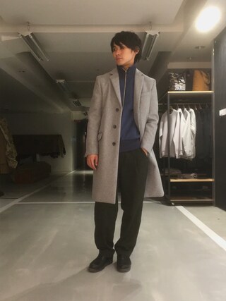 石田優気使用「UNITED TOKYO（Super110'sメルトンチェスターコート）」的時尚穿搭