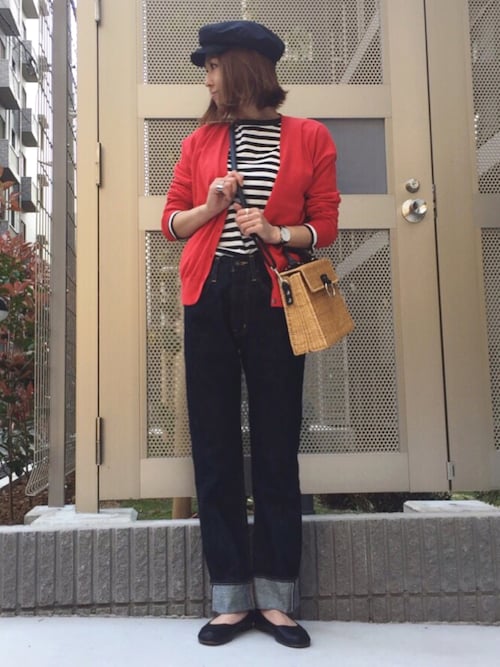 冬マリンな着こなしは、赤カーデが決め手♡
