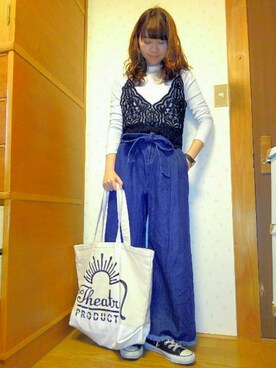 y∞shimiii使用「THEATRE PRODUCTS（コットンキャンバス ロゴプリント トートバッグ）」的時尚穿搭