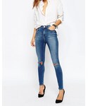 Asos | ASOS Ridley High Waist Skinny Jeans in Darmera Mid Stonewash with Busted Knees(Denim pants)