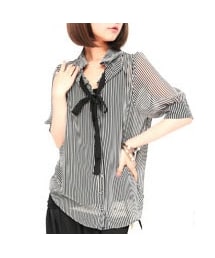 オシャレウォーカー | シフォンストライプシャツ 黒(シャツ/ブラウス)