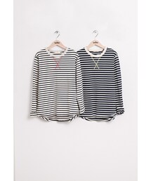 GUAPA | 領口亮色車線橫條T(Tシャツ/カットソー)