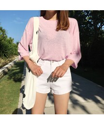 FLYMODEL | ライトピンクロールアップリネンTシャツ(Tシャツ/カットソー)