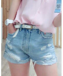 no brand | アッチコッチマッチしやすいハイウェイストデニムショーパン(デニムパンツ)