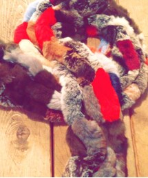 used | rabbit color block fur muffler(マフラー)