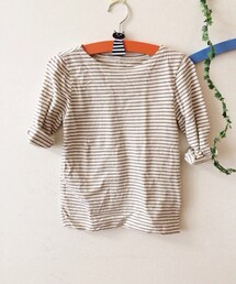 無印良品 | 白×茶ボーダー七分Tシャツ(Tシャツ/カットソー)