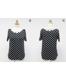 フラワーレースネックドット柄Tシャツ(Tシャツ/カットソー)