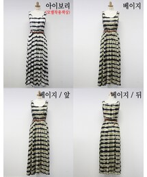 ユニークストライプ柄ベルト付きロングワンピース(ワンピース)