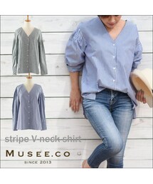2カラー・ストライプVネックシャツ(シャツ/ブラウス)