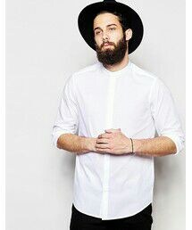 asos | ASOS BRAND ASOS Smart Shirt In Sheer Stripe With Grandad Collar(シャツ/ブラウス)