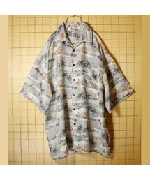 ヨーロッパ古着 ヨット柄 総柄 アロハ ハワイアン シルク ボックス オープンカラーシャツ グレー メンズXXL 半袖 euro(シャツ/ブラウス)