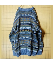 Eddie Bauer | 80s USA製 Eddie Bauer エディーバウアー 総柄 コットン ニット セーター メンズL ブルー 古着(ニット/セーター)