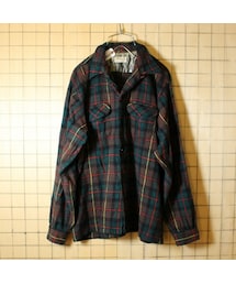 60s Bambergers 古着 グリーン 長袖 ウール チェック オープンカラー ボックスシャツ メンズL 開襟(シャツ/ブラウス)