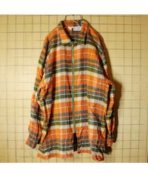 フランス ウール オレンジ チェック ジップアップ シャツ 長袖 メンズL ワーク 古着(シャツ/ブラウス)