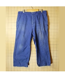 60s-70s ドイツ ヘリンボーン ペインター ワークパンツ シンチバック メンズ37インチ相当 ネイビー 濃紺 フランス ヨーロッパ古着(カーゴパンツ)