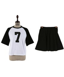 7プリントラグランＴシャツ+フレアスカート セットアップ(Tシャツ/カットソー)