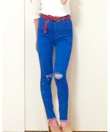 Re:EDIT | [人気クラッシュデニム]裾フリンジデニム美脚パギンス/クラッシュタイプ/切りっぱなし/フレイドヘム(デニムパンツ)