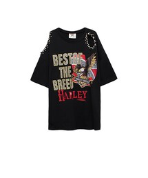 歐美街頭設計老鷹圖樣挖洞珠珠長板寬T(Tシャツ/カットソー)