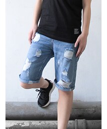 深藍刷色短丹寧破褲(デニムパンツ)