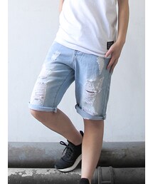 淺藍刷色短丹寧破褲(デニムパンツ)