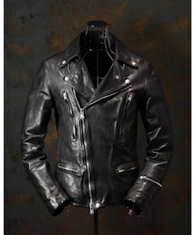 ISAMU KATAYAMA BACKLASH | 2020SS フレンチショルダー製品染め ワックス仕上げ ダブルライダース (ライダースジャケット)