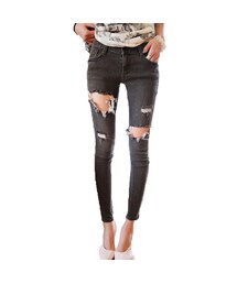 Black High Waist Ripped Cut Out Skinny Jeans(その他パンツ)