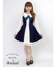 Amavel | ナポレオンデザイン入りピンストライプ柄レイヤードジャンスカ(シャツワンピース)