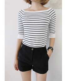 Dailyabout | オフショルダーボーダー柄5分袖Tシャツ(Tシャツ/カットソー)