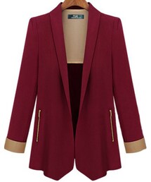 Sheinside--Red Whine Lapel Long Sleeve Fit Blazer(テーラードジャケット)