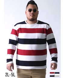 QZILLA by Mr.Bliss | スラブタック天竺先染めボーダークルーネック長袖Tシャツ 2L/3L/4L/5L(Tシャツ/カットソー)