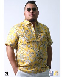 QZILLA by Mr.Bliss | ハイカラ柄麻100％レギュラーカラー半袖シャツカジュアルシャツ2L(シャツ/ブラウス)