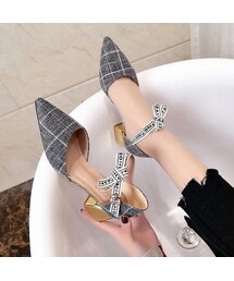 チェック柄ゴールドヒールパンプス(パンプス)