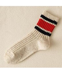 Tabio | 3本ラインリブショートソックス   04.キナリ+コンアカライン(ソックス/靴下)