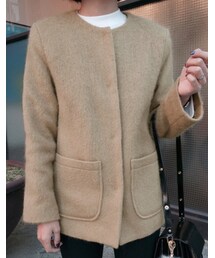 ウール30%混ノーカラーモヘアコート(ノーカラージャケット)