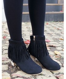 フリンジディテールミドルヒールアンクルブーツ(ブーツ)