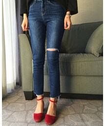 ダメージセミブーツカットデニムパンツ(デニムパンツ)