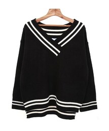 ダブルラインVネックニットトップス(ニット/セーター)