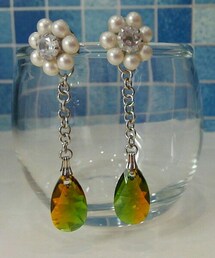 Handmade | パール&グリーンスワロフスキー☆自作(ピアス(両耳用))