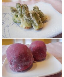 春の味覚♡ | たらの芽の天ぷら&いちご大福♡(かど丸餅店)(その他)